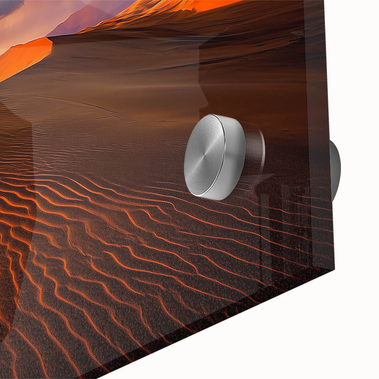 Close-up view of an acrylic landscape artwork depicting soft, golden sand dunes under a blue sky, showcasing intricate textures and vibrant colors for a stunning visual impact.