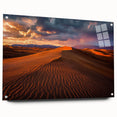 Side view of a modern acrylic glass art piece showcasing a serene dune landscape, featuring smooth lines and vibrant colors, secured with stylish pins for display.