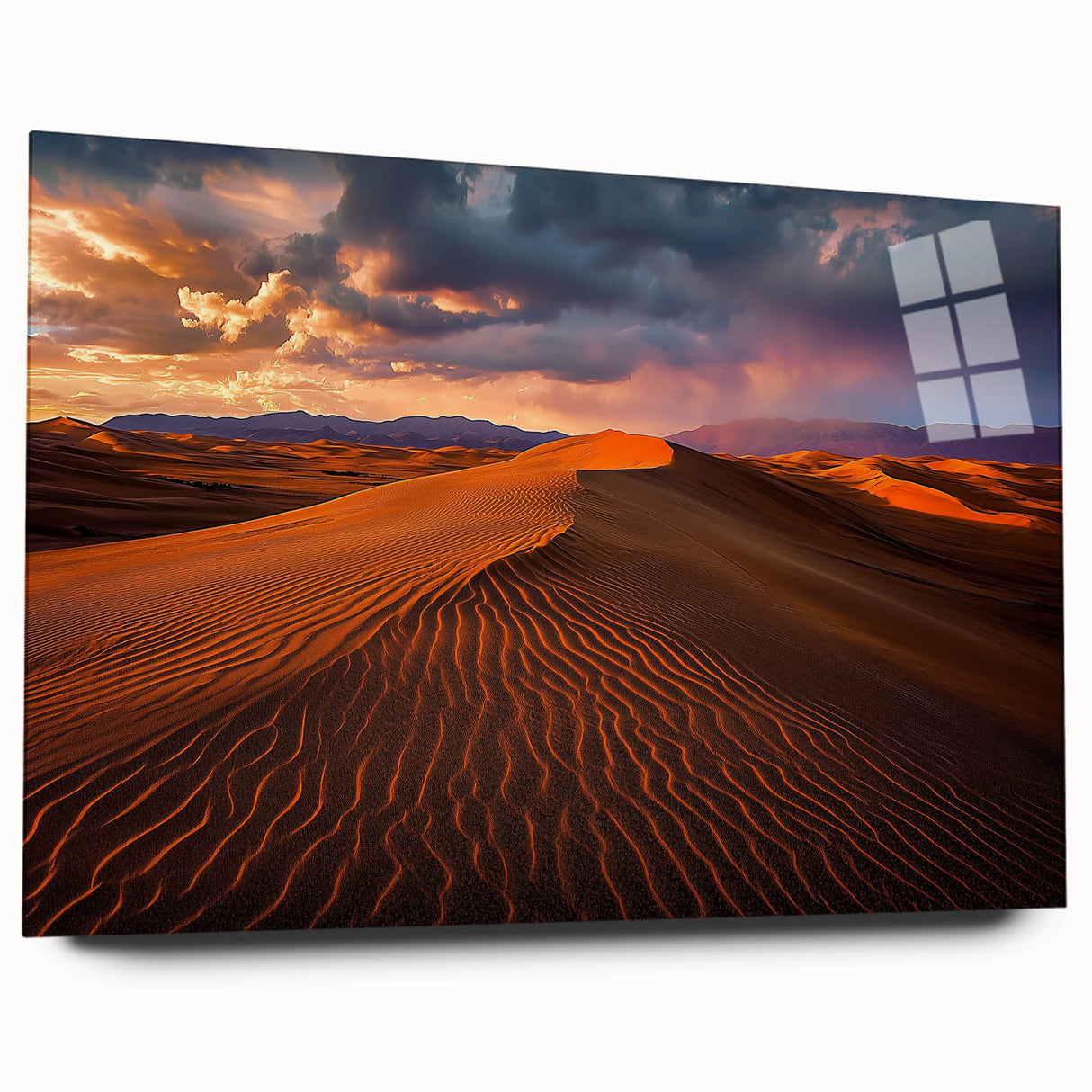 Acrylic glass artwork showcasing a stunning side view of desert dunes, emphasizing vibrant colors and textures, ideal for modern home decor or art enthusiasts.