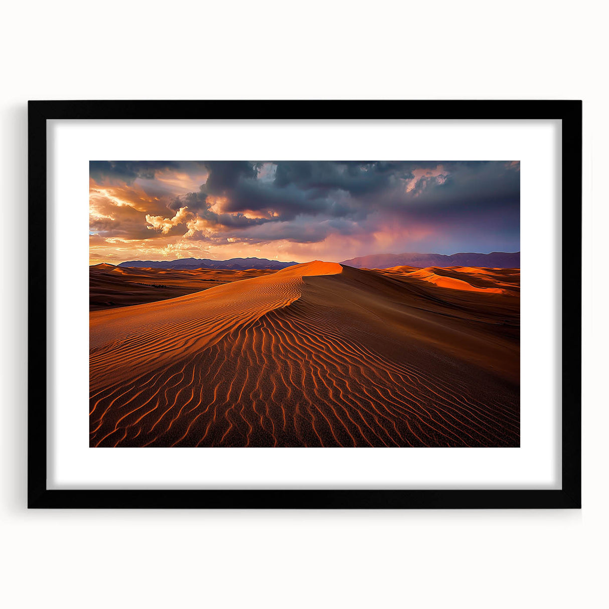 Framed landscape artwork depicting serene sand dunes in a black frame with a mat, showcasing earthy tones and soft textures, ideal for modern home decor.