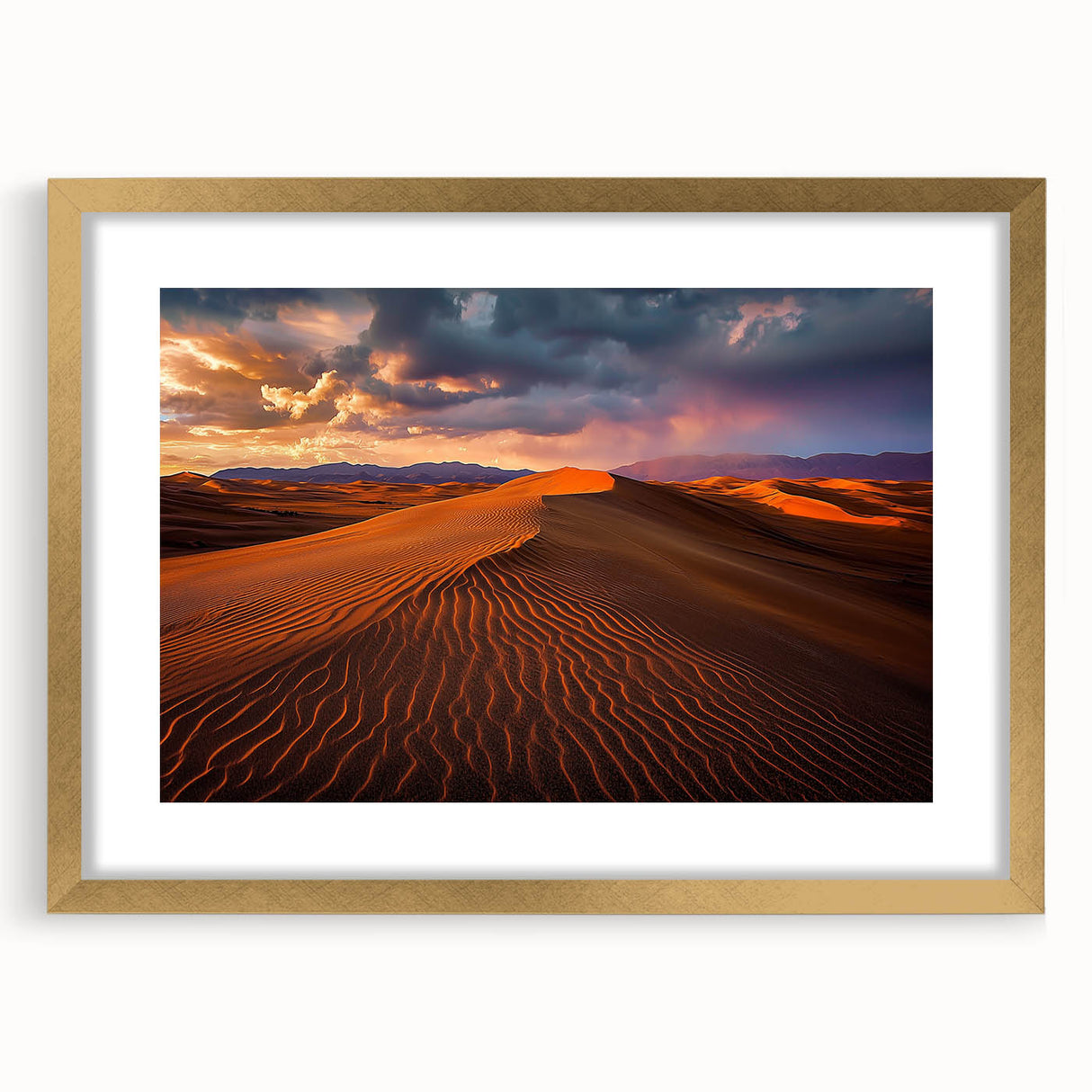Framed landscape artwork depicting serene sand dunes in golden hues, showcasing a sleek gold mat and modern design, perfect for home decor enhancement.