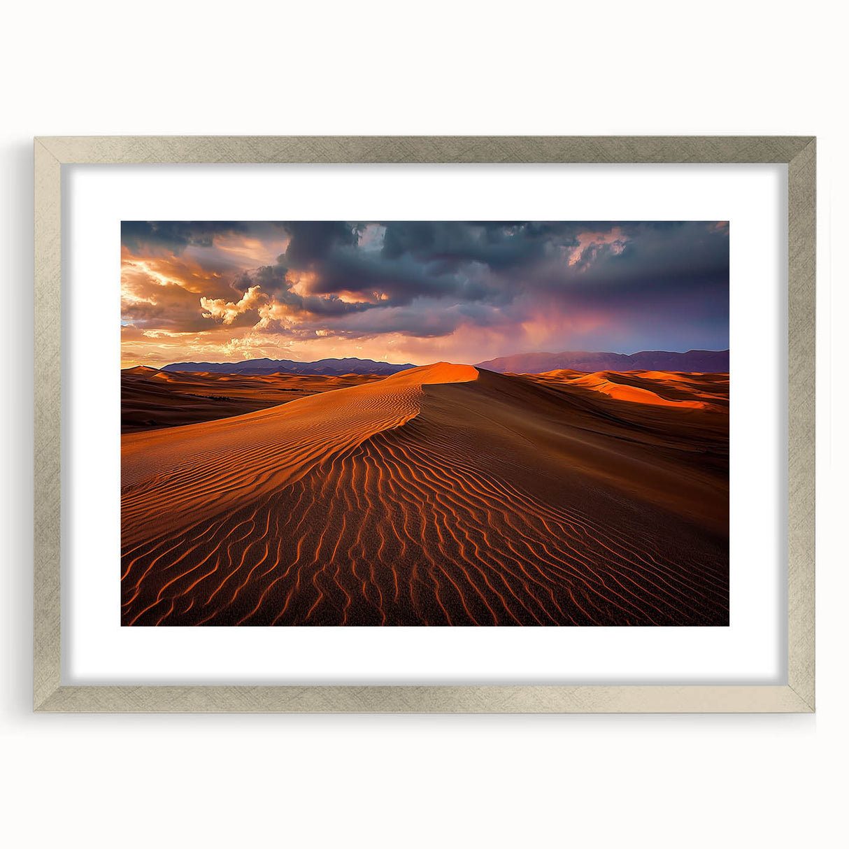 Framed landscape artwork showcasing serene desert dunes in a silver mat, perfect for enhancing modern home decor with a touch of nature's beauty.