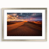 Framed landscape artwork showcasing serene desert dunes in a silver mat, perfect for enhancing modern home decor with a touch of nature's beauty.