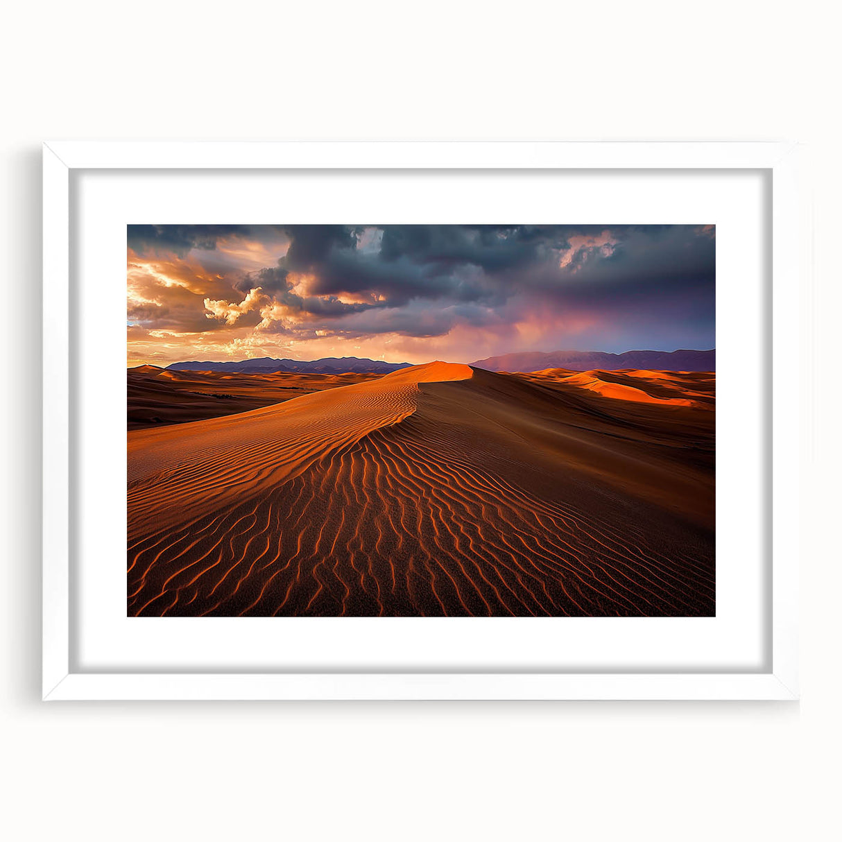 Framed landscape artwork depicting serene sand dunes, accented with a white mat, showcasing natural textures and soft earthy tones for a calming home decor aesthetic.
