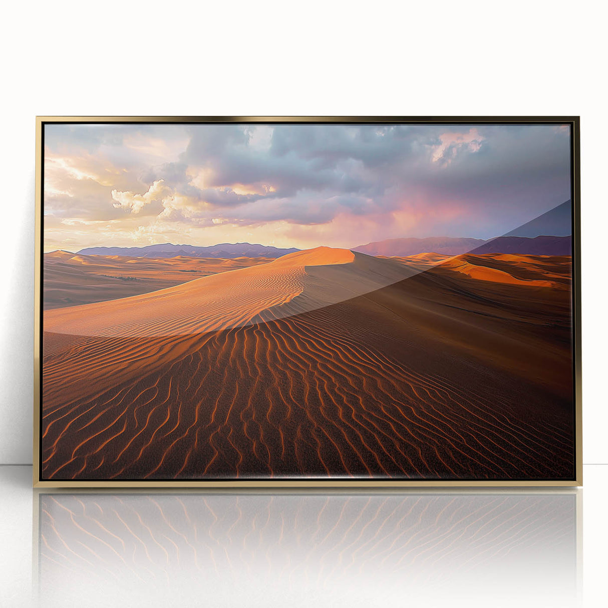 Framed acrylic artwork depicting golden sand dunes with subtle texture, set against a minimalist background, perfect for enhancing modern home decor aesthetics.