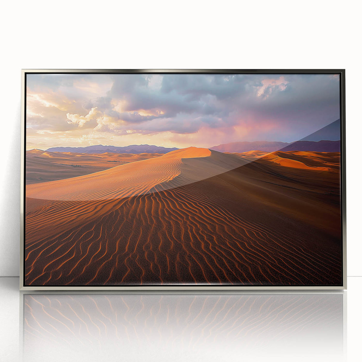Framed acrylic artwork showcasing serene sand dune landscapes in silver tones, expertly designed for modern home decor. Perfect for adding elegance and tranquility to any space.