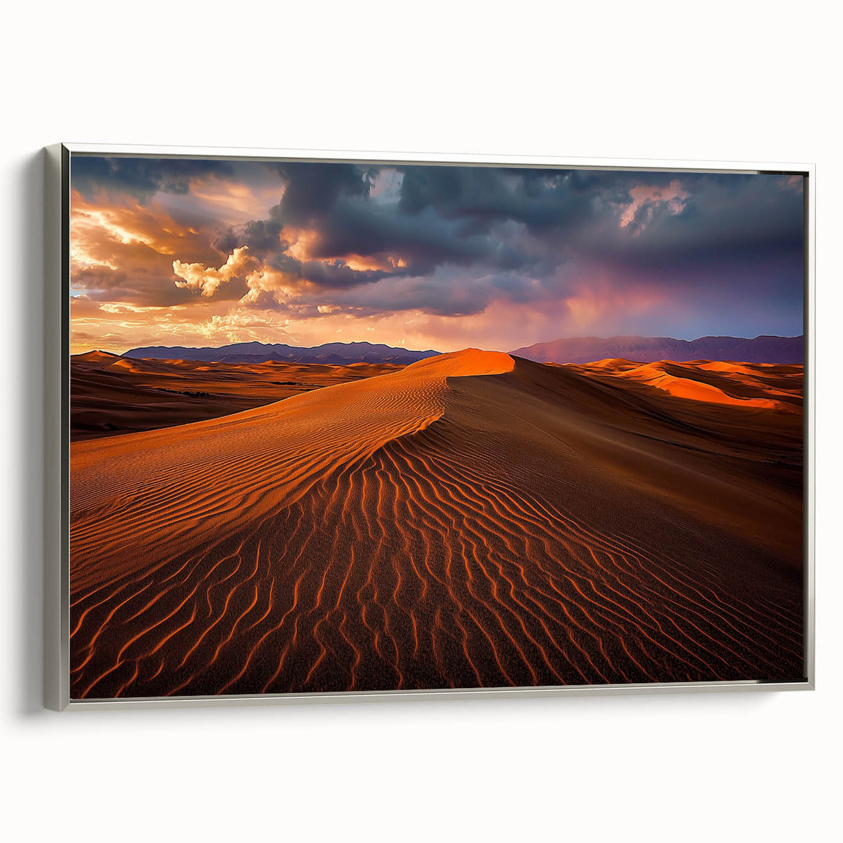 Framed canvas artwork depicting serene dunes landscape in soft silver tones, showcasing intricate details and textures, perfect for modern home decor.