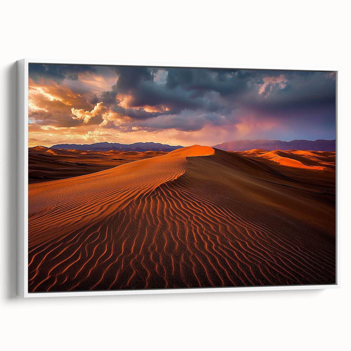 Framed canvas art depicting serene sand dunes against a soft blue sky, showcasing warm beige and golden tones, perfect for enhancing modern home decor.