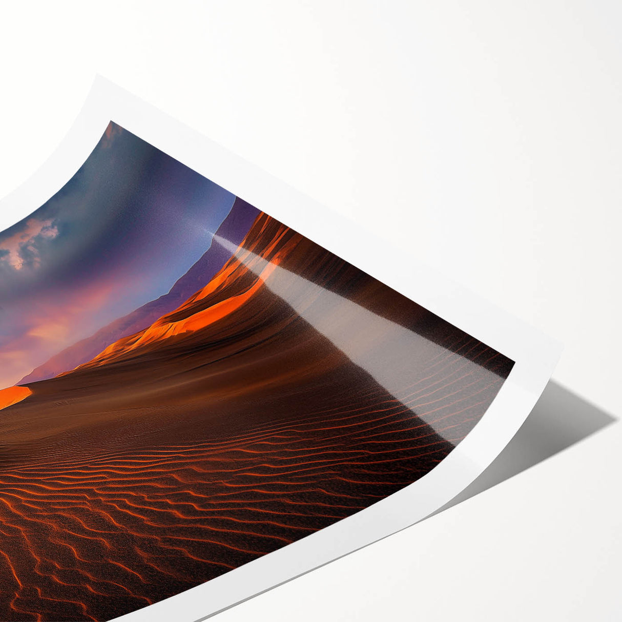 Rolled print of serene sand dunes landscape artwork, showcasing soft beige and golden tones. Perfect for adding a calming touch to home decor. Packaged securely in a cardboard tube for safe delivery.