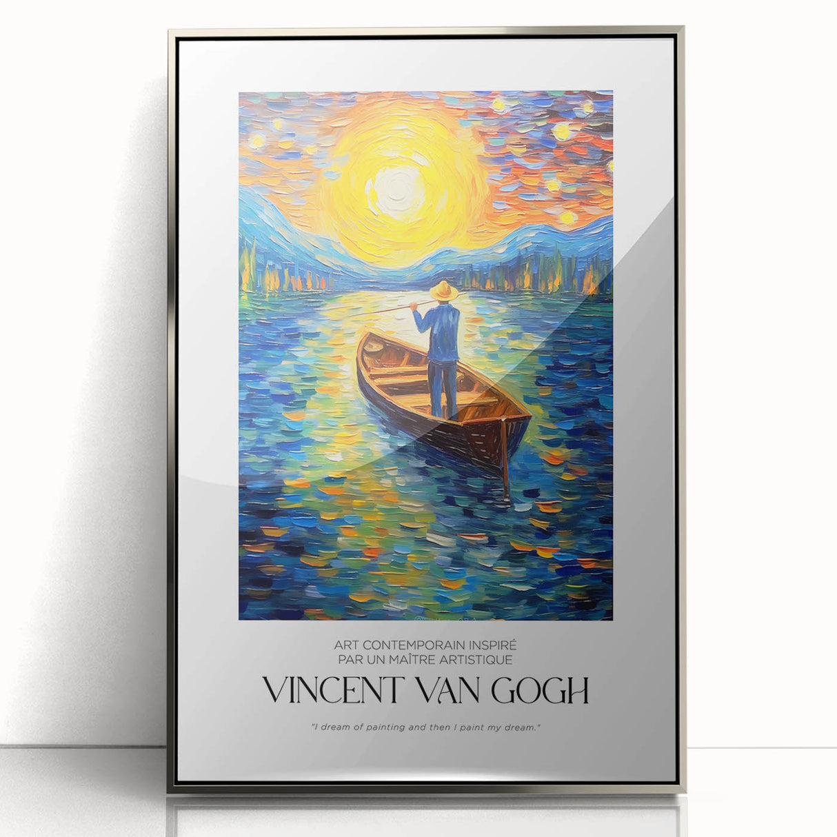 Impressionist-style painting of a rural landscape on a silver-framed acrylic, featuring soft pastel tones.