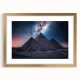 Textured abstract art print depicting a stylized Egyptian landscape in earth tones, framed with a gold mat.