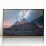 Mid-century modernist art depicting an Egyptian landscape in gold tones on a framed acrylic, suitable for nursery wall decor.