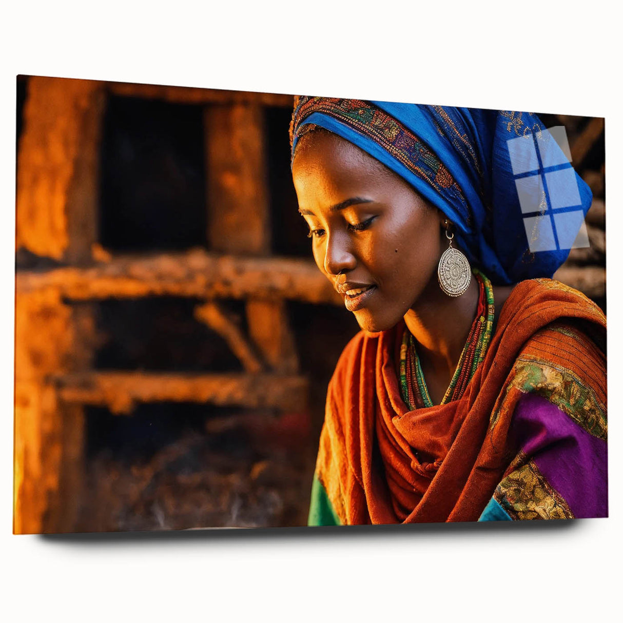 Large abstract wall art depicting Ethiopian scenery in muted earth tones on acrylic glass.