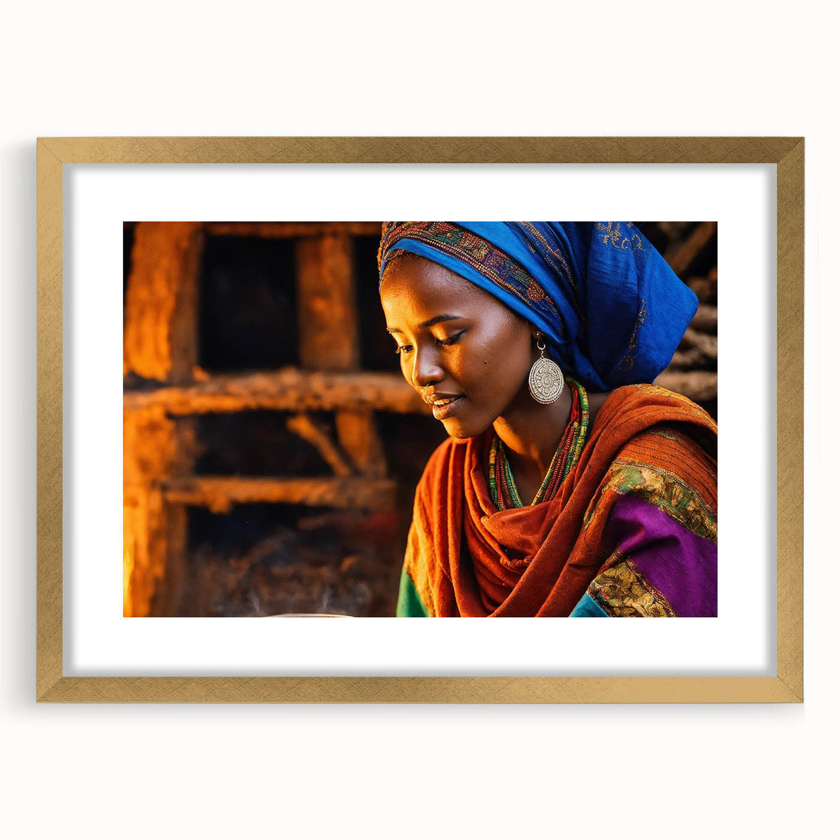 Textured abstract art print of Ethiopian scenery in muted earth tones, framed in gold, ideal for bedroom art.