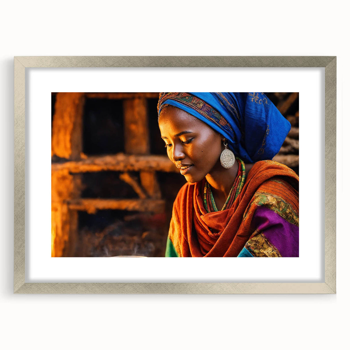 Abstract art print depicting Ethiopian scenery in muted earth tones, framed with a silver mat.