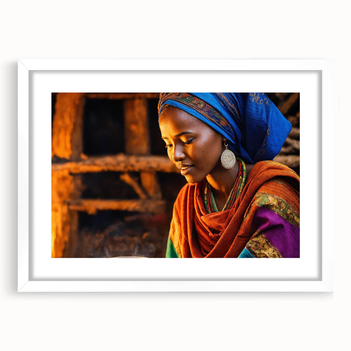 Extra large abstract art print depicting an Ethiopian landscape, in textured earth tones, framed with a white mat.