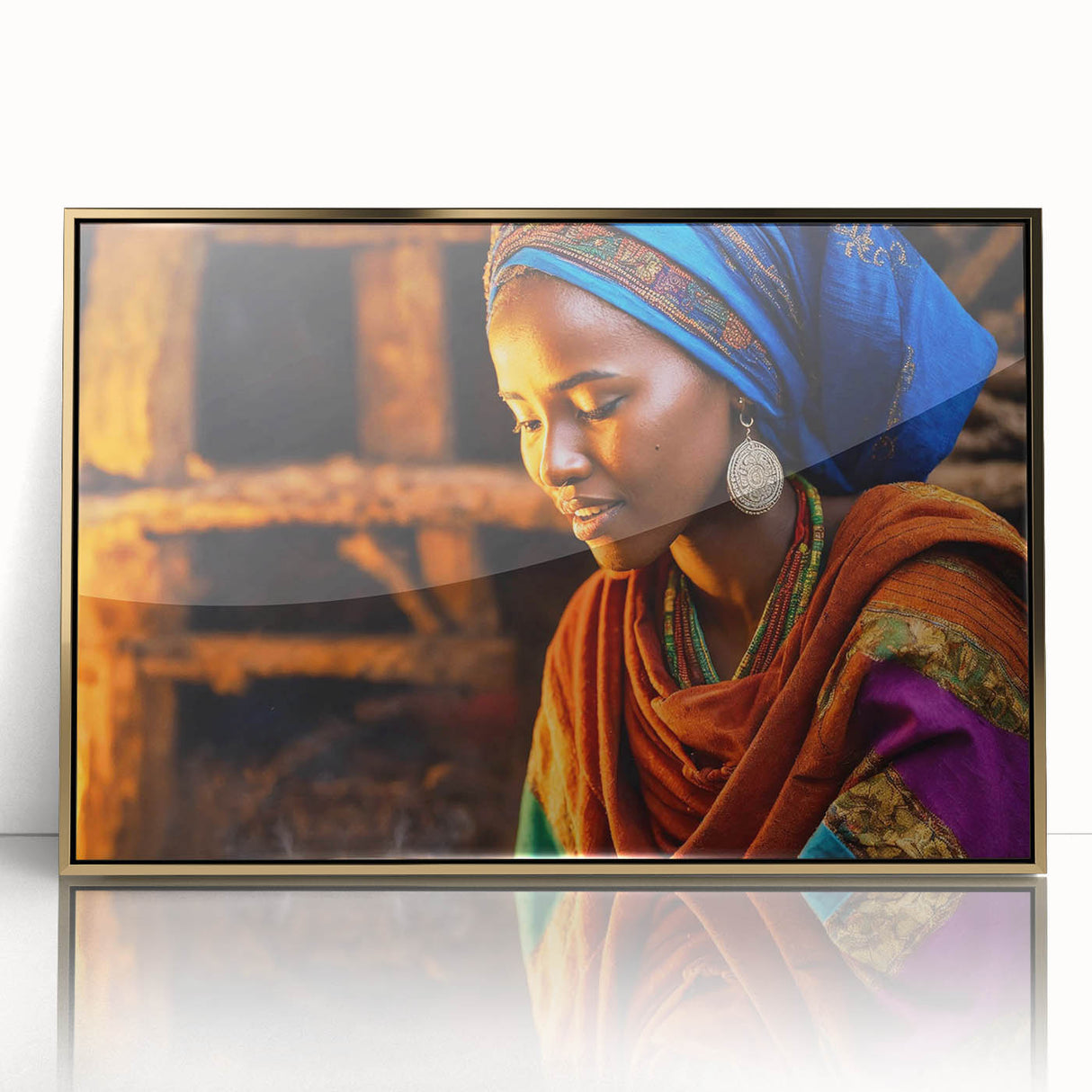 Mid-century modernist art depicting Ethiopian scenery in gold and earth tones, acrylic framed, ideal for nursery wall decor.