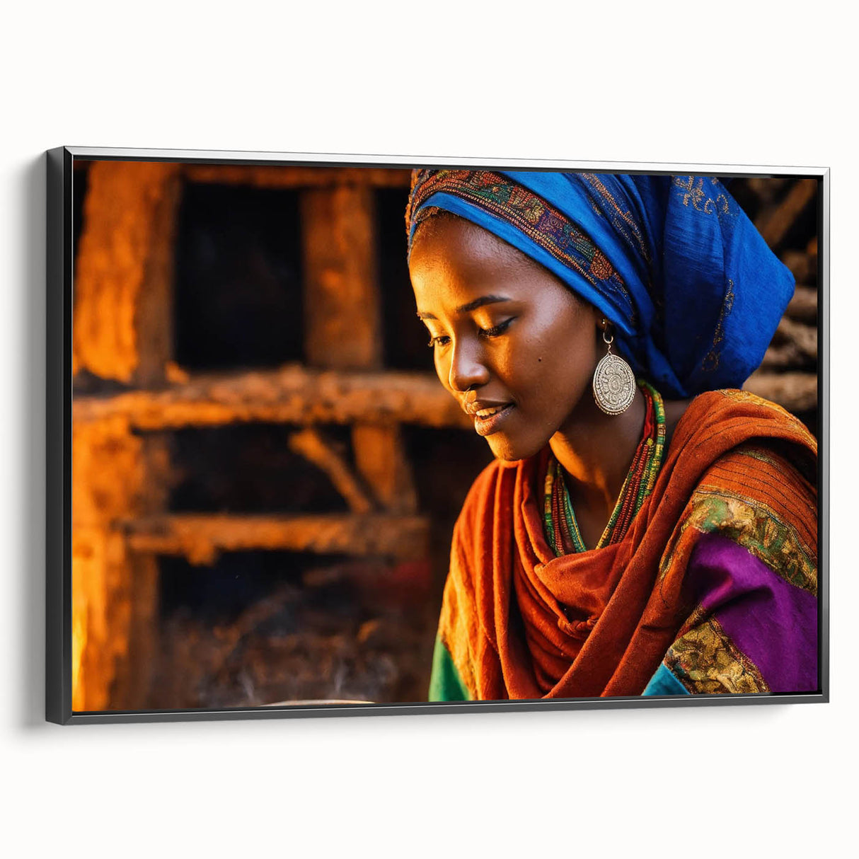Black and white framed canvas of an Ethiopian landscape, ideal for bedroom wall decor.