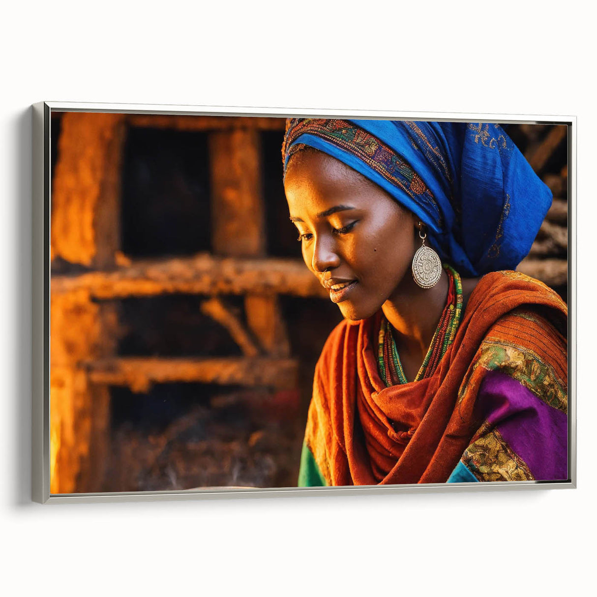 Vintage poster art of an Ethiopian landscape on a framed canvas, featuring vibrant colors.