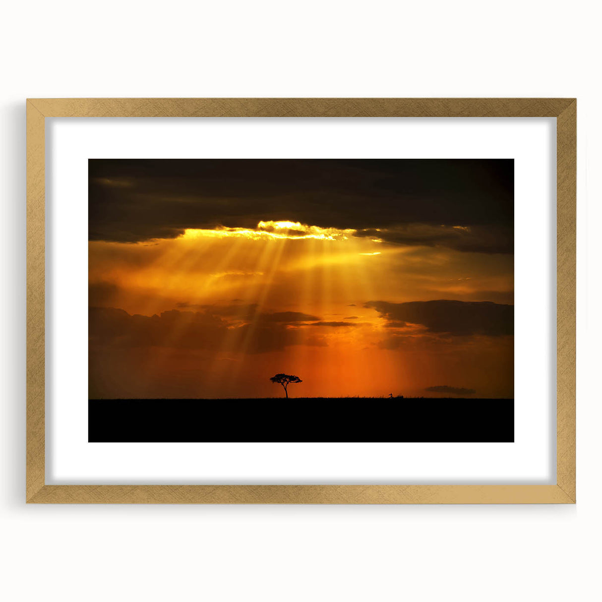 Textured abstract art print depicting a serene African landscape in earth tones, framed in gold, ideal for bedroom art.