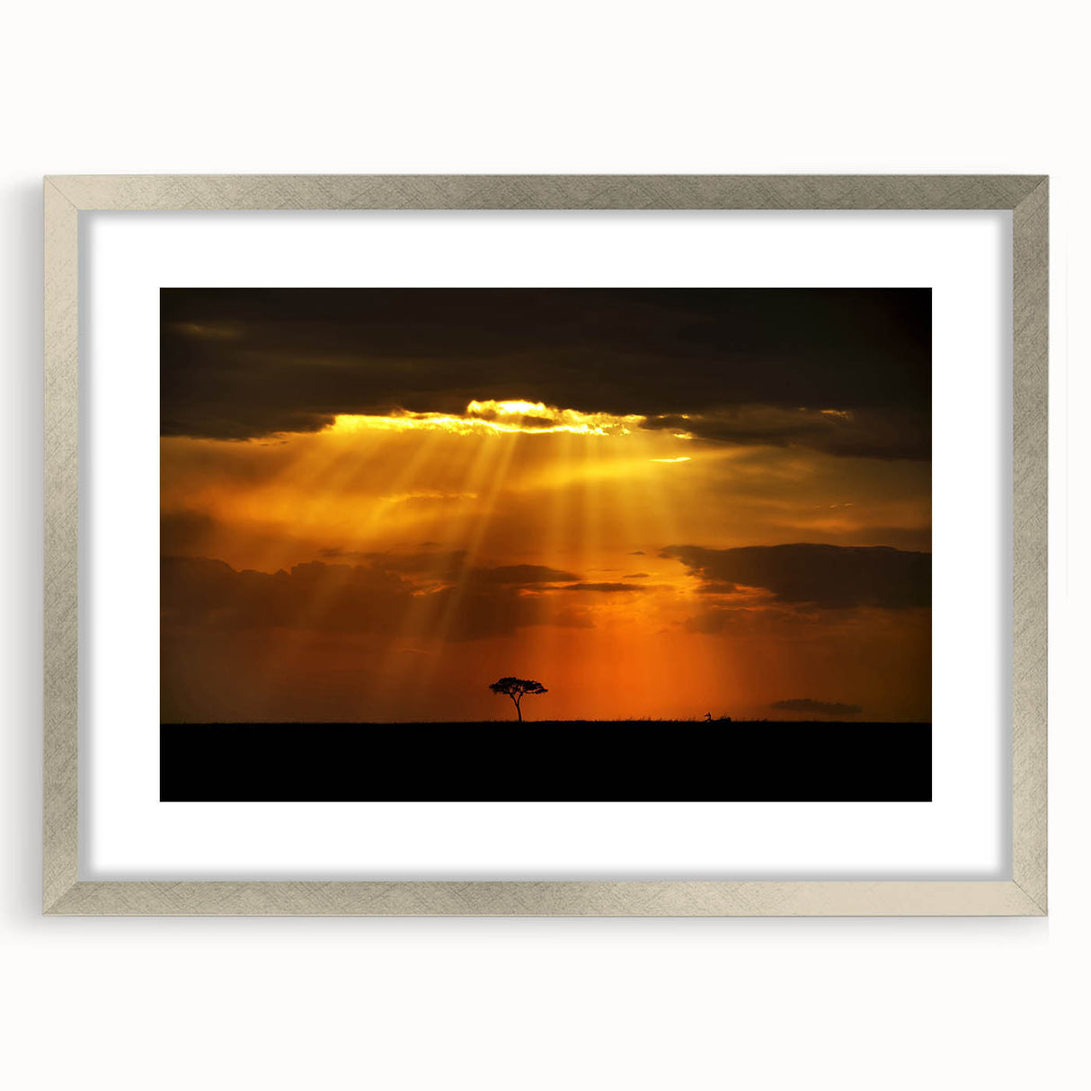 Abstract art print of African scenery in muted earth tones on a framed silver mat, ideal for dining room decor.