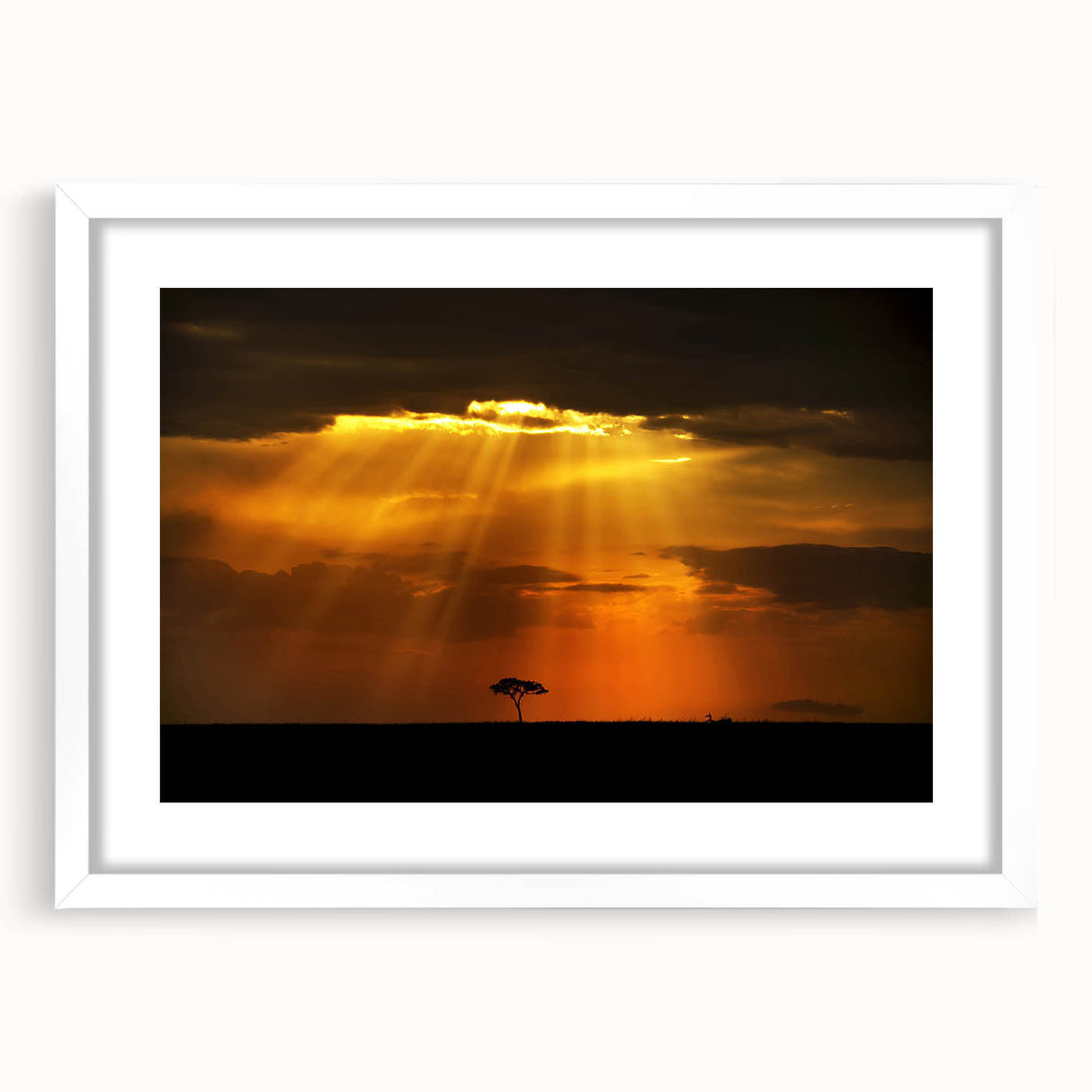 Extra large abstract art print of African scenery in textured shades of earth tones, framed in white.