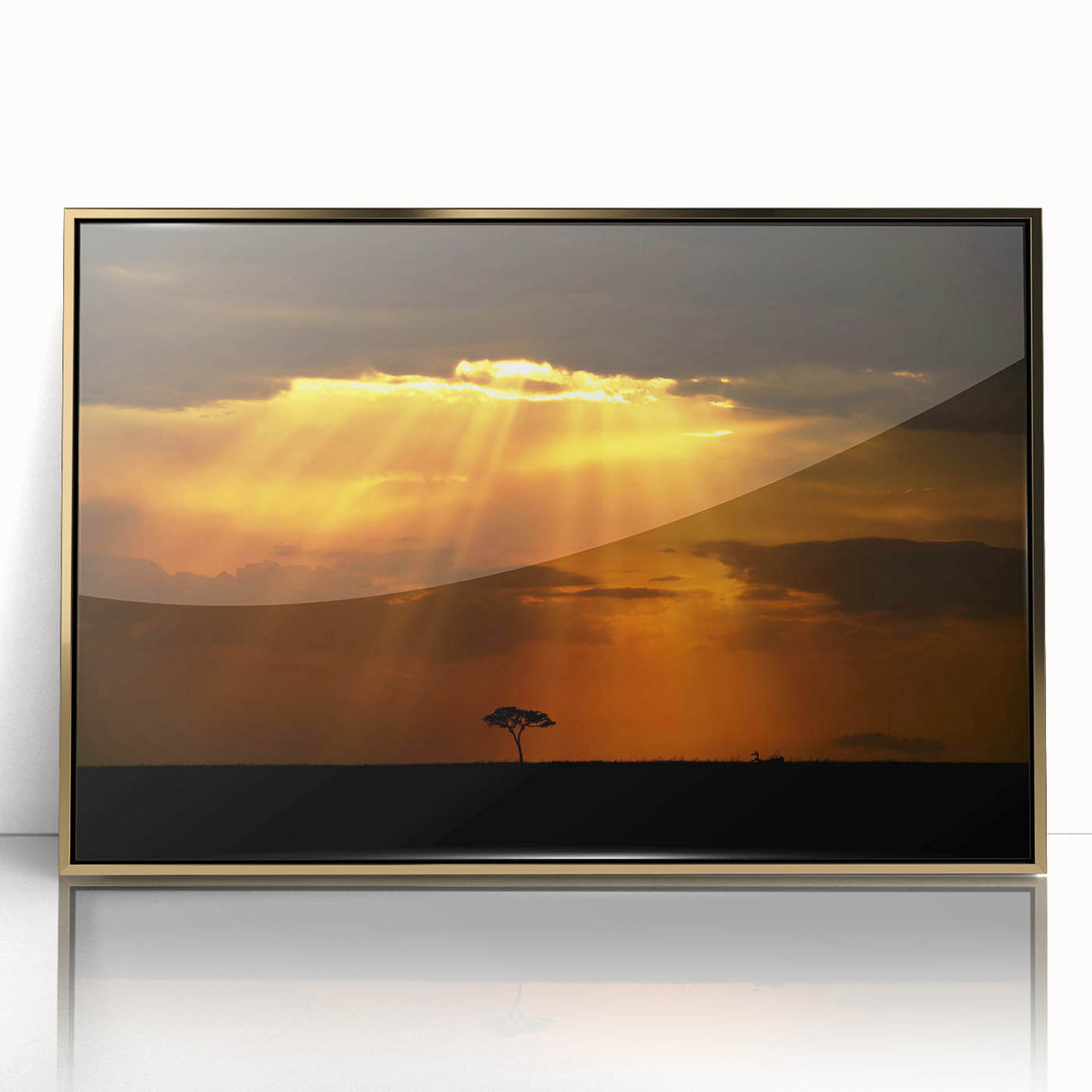 Mid-century modernist art depicting a Kenyan landscape in muted earth tones, framed acrylic, ideal for nursery wall art.