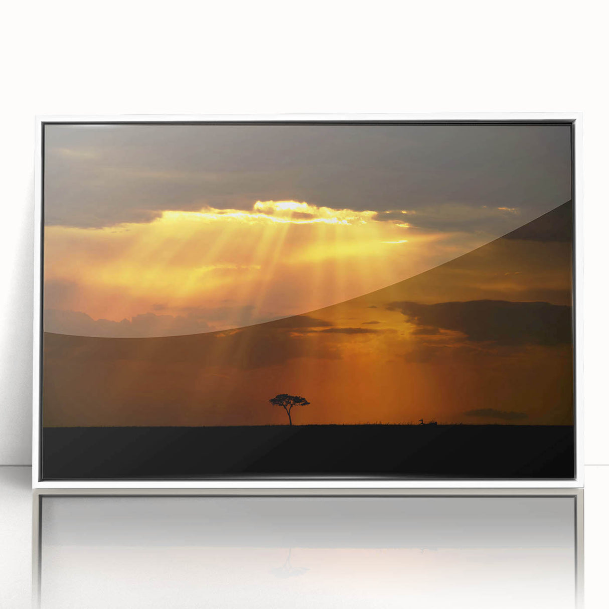 Large art print of a Kenyan landscape on white framed acrylic, featuring mid-century modernist style with earthy tones.