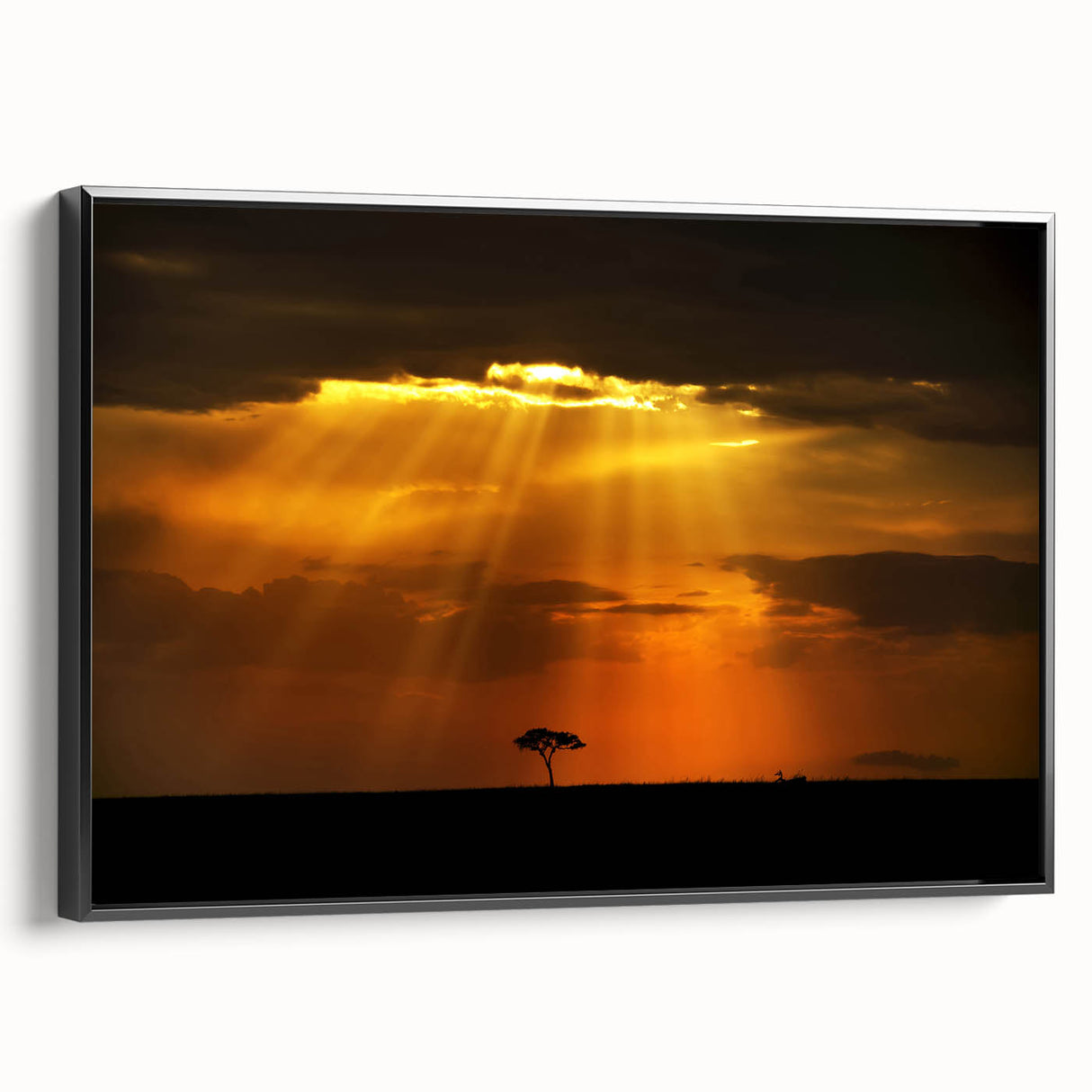 Black and white framed canvas depicting a Kenyan landscape, ideal for bedroom wall art.