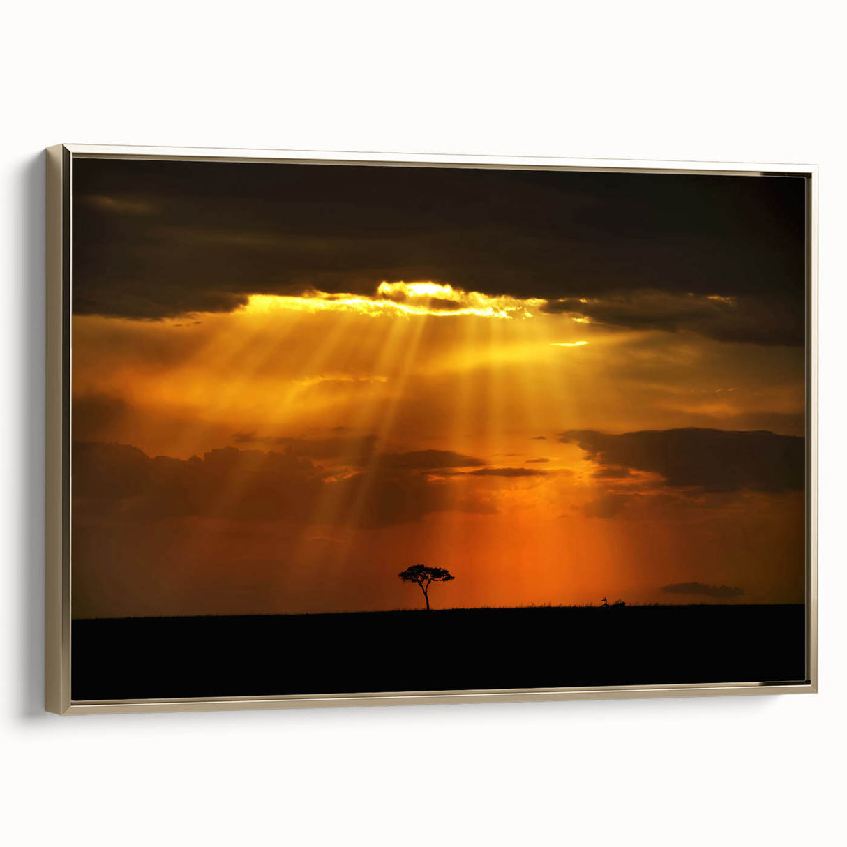 Framed canvas depicting a Kenyan landscape scene in vibrant colors, ideal for adding a touch of culture to any room.