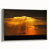Vintage poster art of a Kenyan landscape on a framed canvas, featuring vibrant colors, ideal for living room decor.