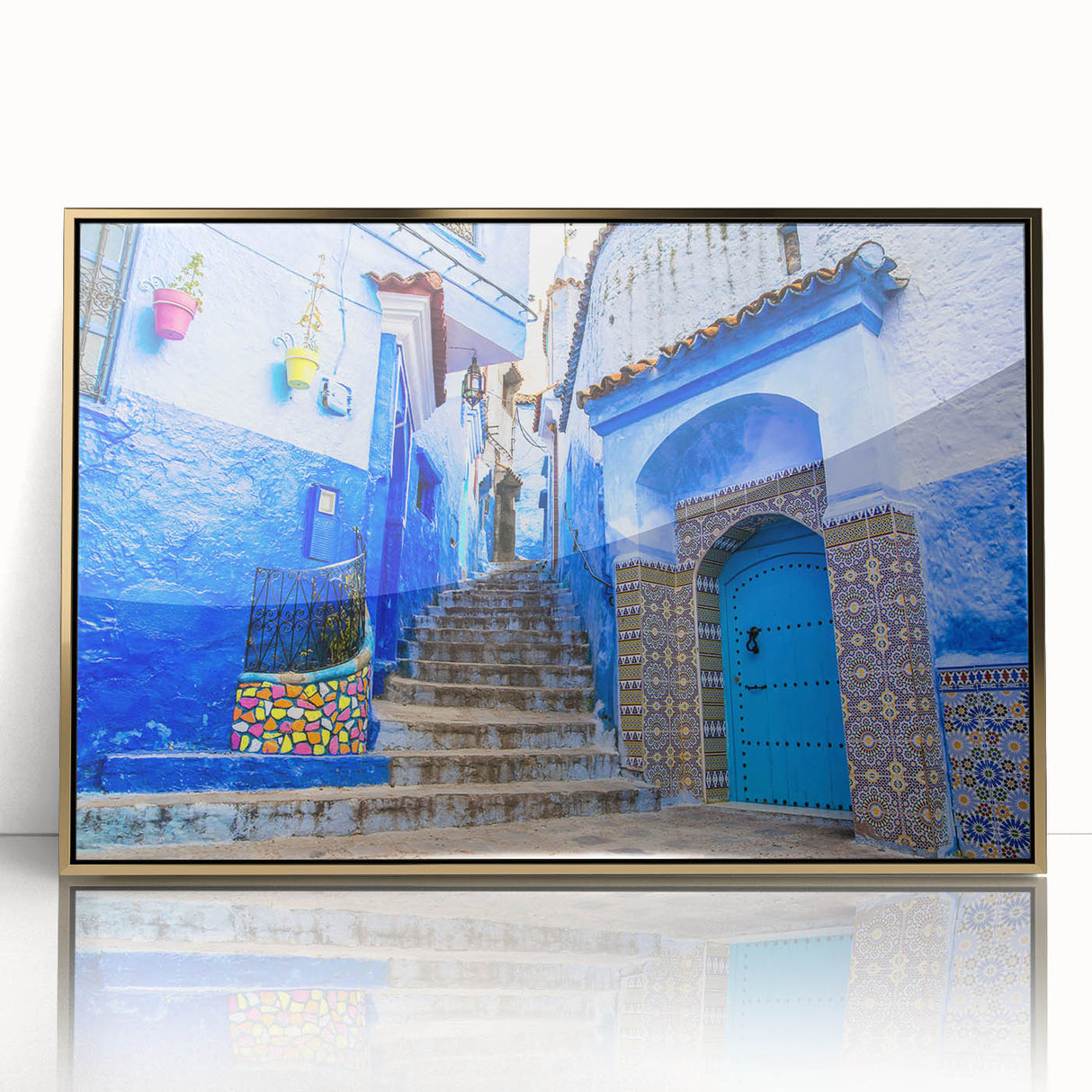 Mid-century modernist art depicting a Moroccan landscape in muted gold tones on a framed acrylic, ideal for nursery wall art.
