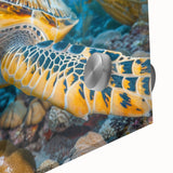 Large abstract wall art of Seychelles scenery in acrylic glass, featuring vibrant ocean blues and lush greens.