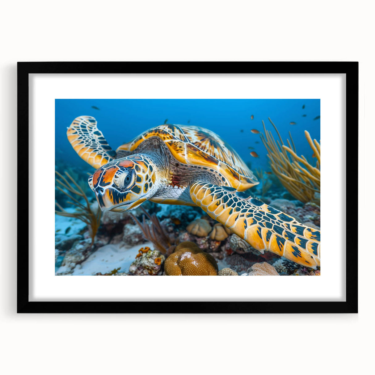 Extra large, textured abstract art print depicting vibrant Seychelles scenery on a framed black matte canvas.