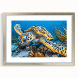 Textured abstract art print of a serene Seychelles landscape in muted blues and greens, framed with a silver mat.