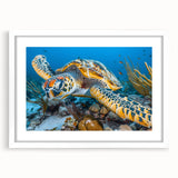 Abstract art print of Seychelles scenery in muted blue and green hues on a framed white mat, ideal for dining room decor.