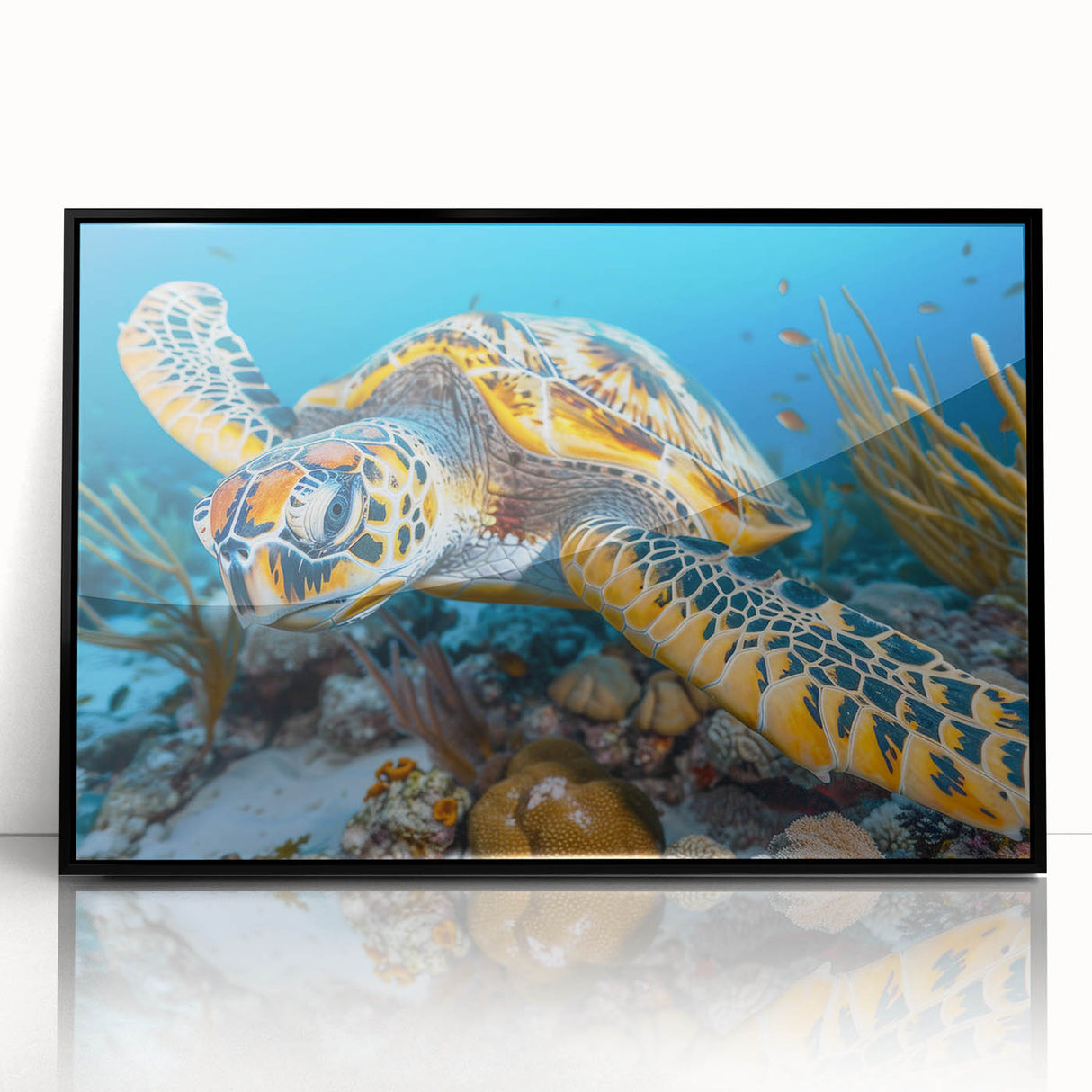 Large abstract wall art depicting a serene Seychelles landscape in muted green and blue tones on framed acrylic.