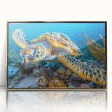 Framed acrylic print of a Seychelles landscape in gold tones, suitable for modern art wall decor.
