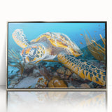 Mid-century modernist art depicting Seychelles scenery in acrylic, framed in silver, suitable for nursery wall art.