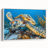 Vintage poster art of Seychelles scenery on framed canvas, featuring colorful art with black accents.