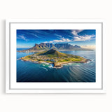 Abstract art print of a South African scenery in muted earth tones on a white framed canvas, suitable for dining room decor.