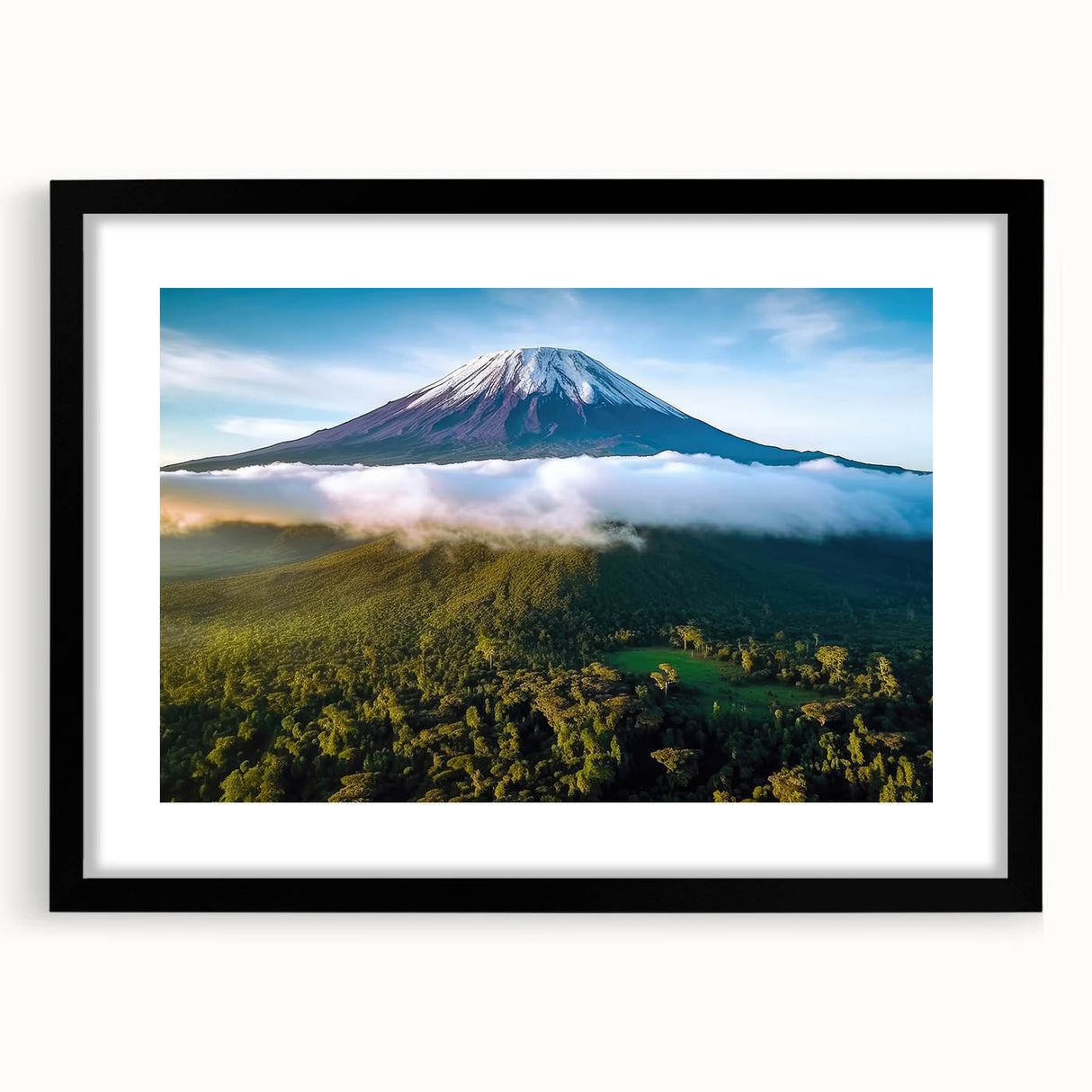 Abstract art print of a vibrant Tanzanian landscape in textured colors on a large framed canvas, ideal for living room decor.