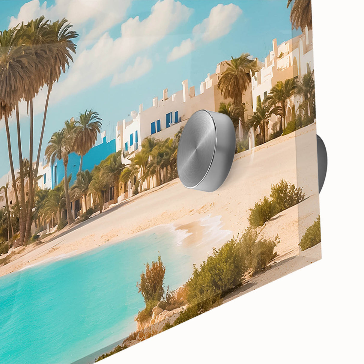 Large abstract wall art depicting a Tunisian landscape in muted earth tones on acrylic glass, ideal for dining room ambiance.