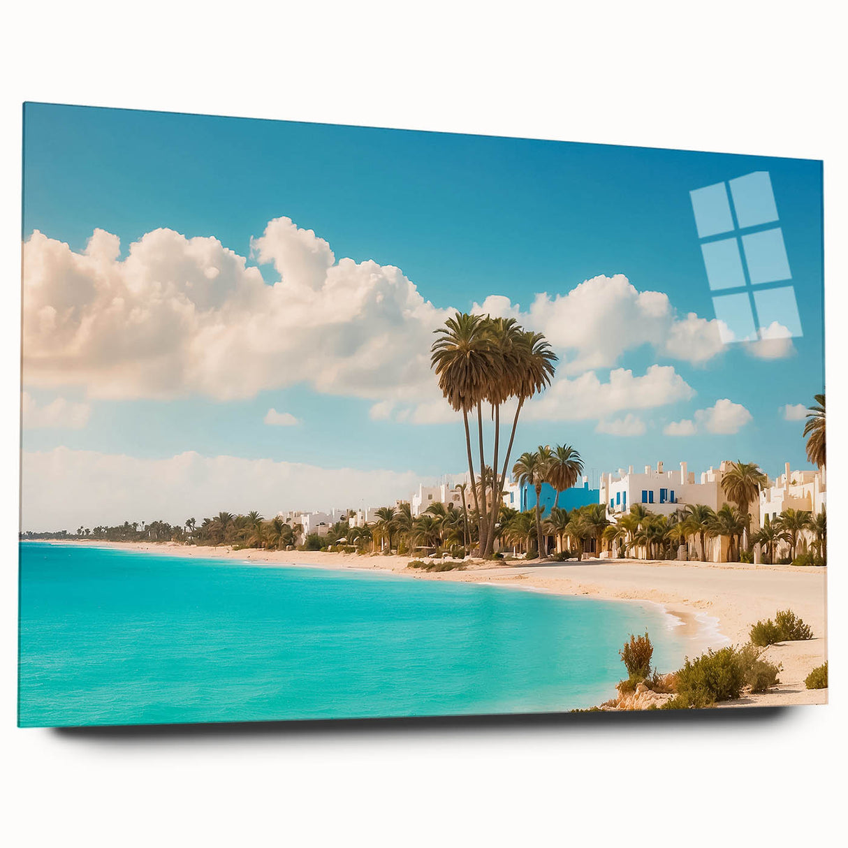 Large abstract wall art of a Tunisian landscape in muted earth tones on acrylic glass.