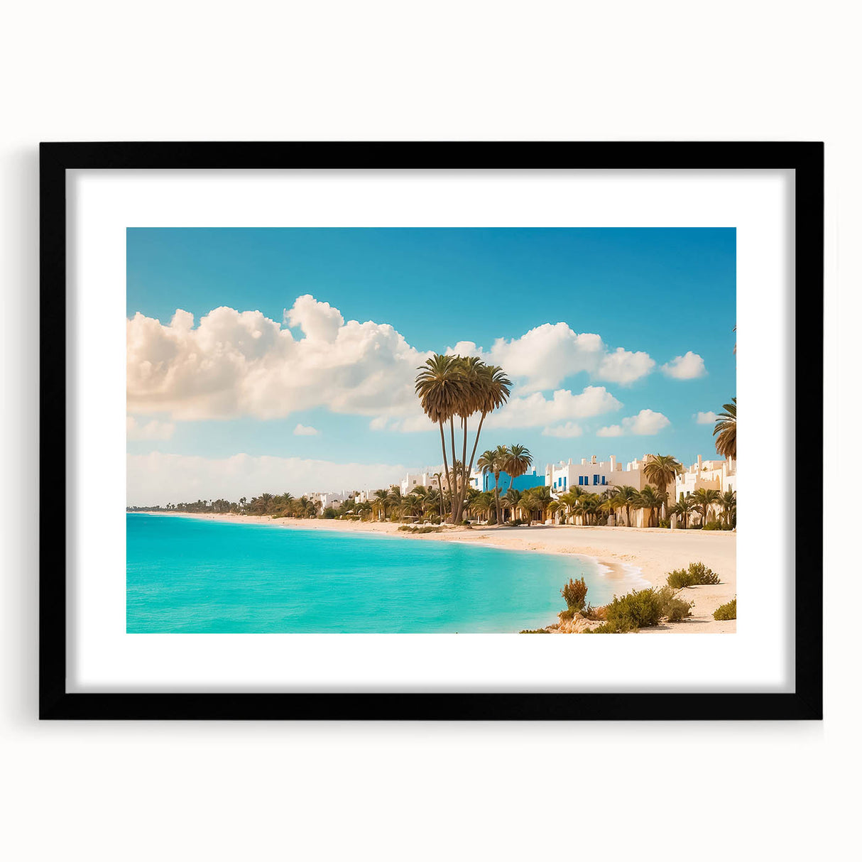 Extra large abstract art print depicting a textured, colorful Tunisian landscape on a black framed canvas.