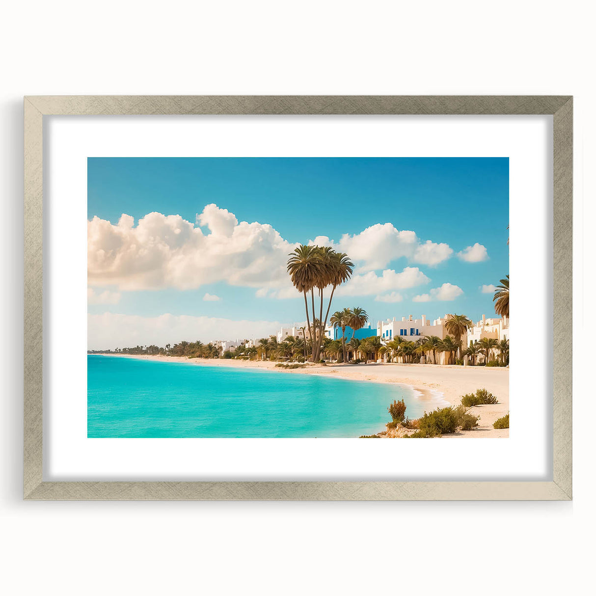 Textured abstract art print depicting a Tunisian landscape in earthy tones, framed in silver, suitable for bedroom decor.