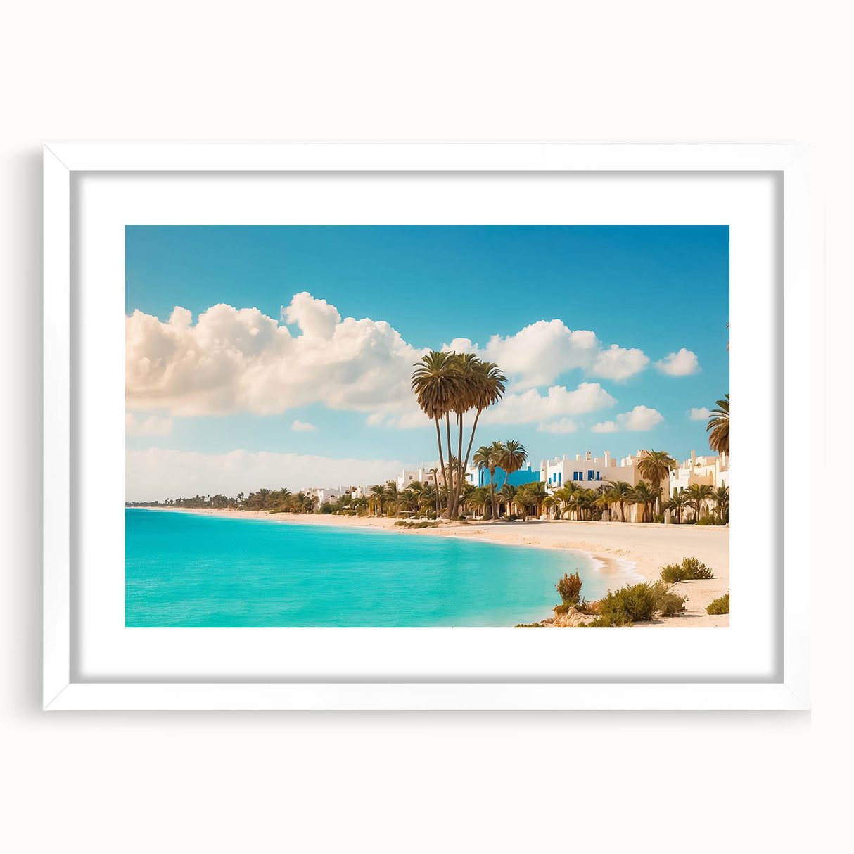 Abstract art print depicting a Tunisian landscape in muted earth tones, framed with a white mat.