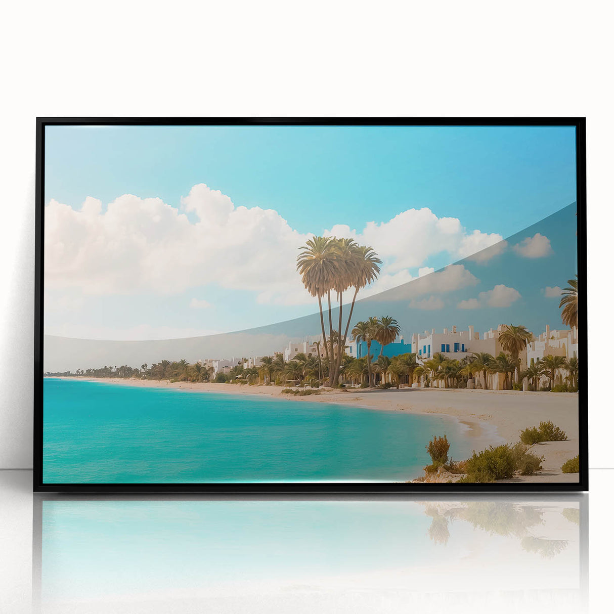 Large abstract wall art depicting a Tunisian landscape in muted earth tones on a framed acrylic.