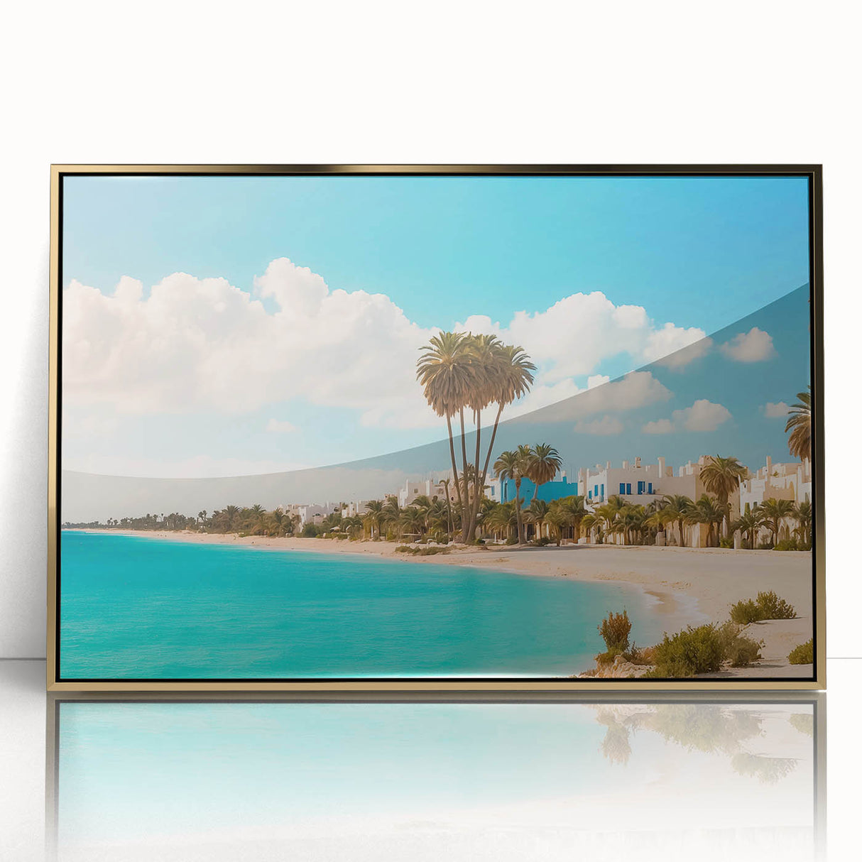 Art deco poster of a Tunisian landscape in muted gold tones on framed acrylic, ideal for modern art wall decor.