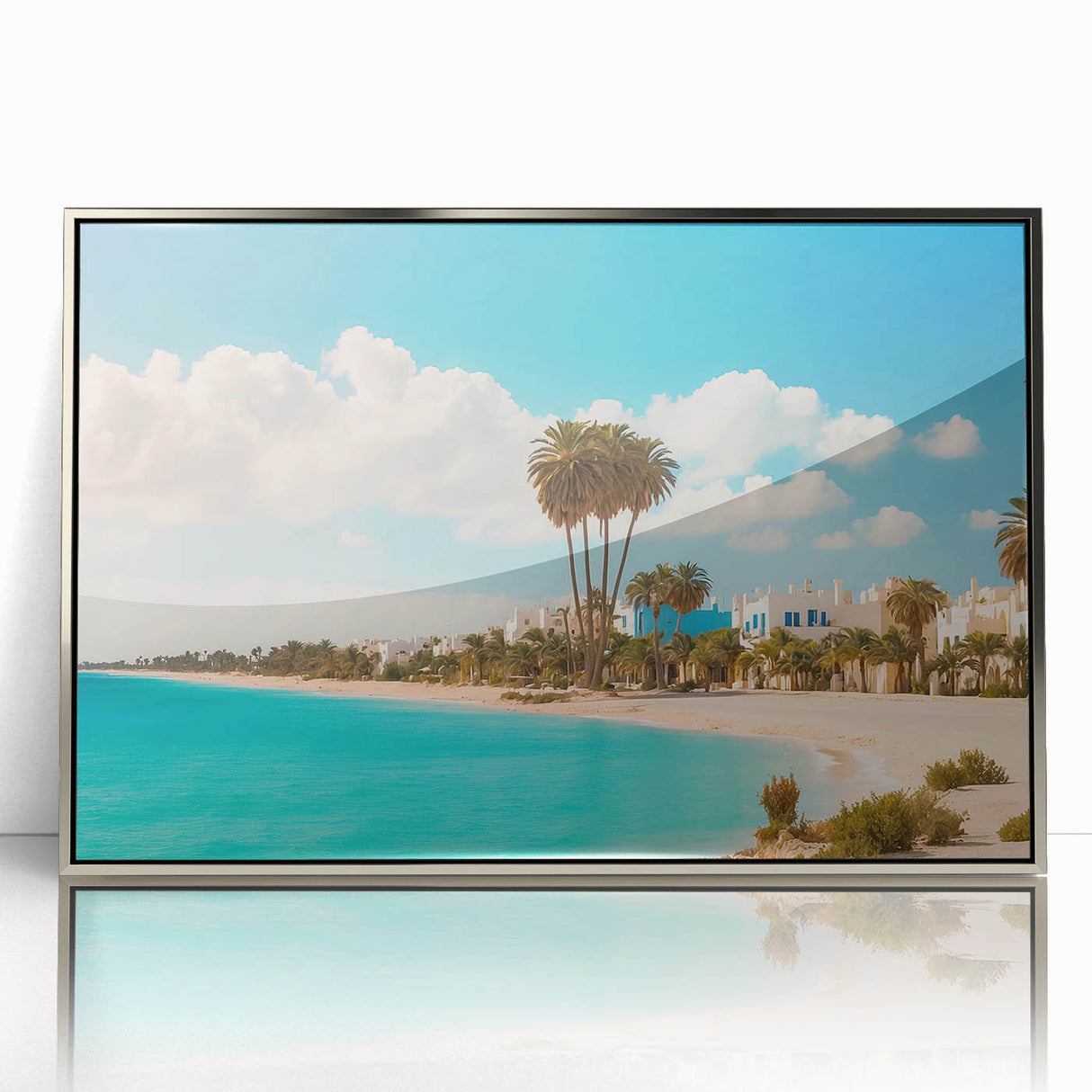 Large art print depicting a Tunisian landscape in muted earth tones on a silver-framed acrylic.